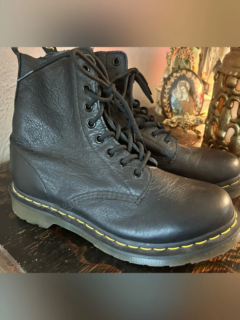 Dr. Martens Pascal Virginia Black Leather Lace-Up Boots with Yellow Stitching